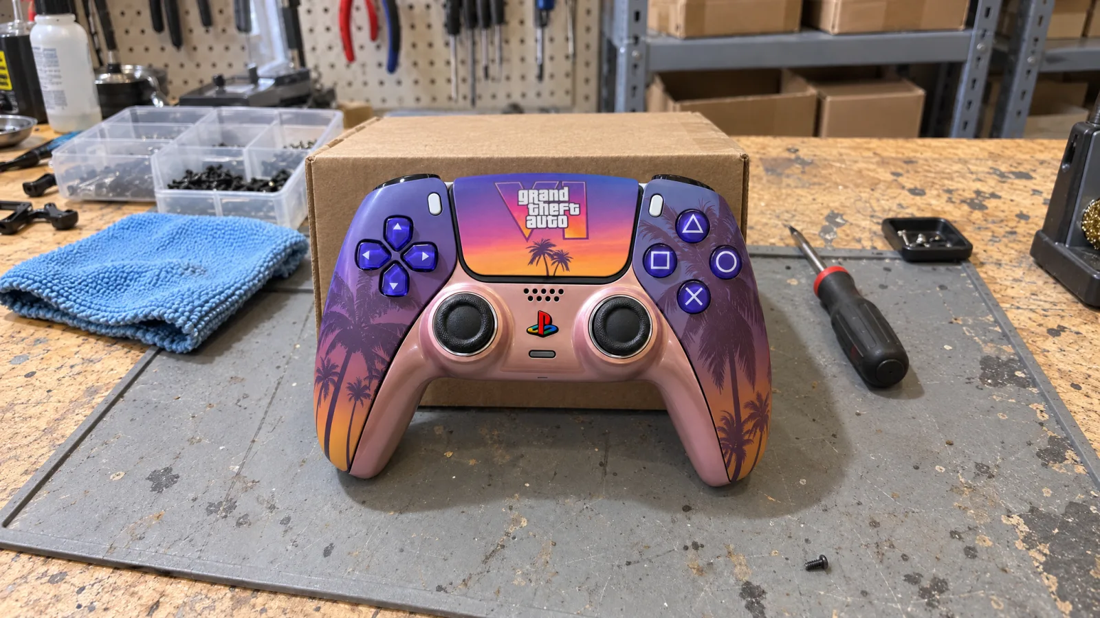 The controller standing against a box on the bench