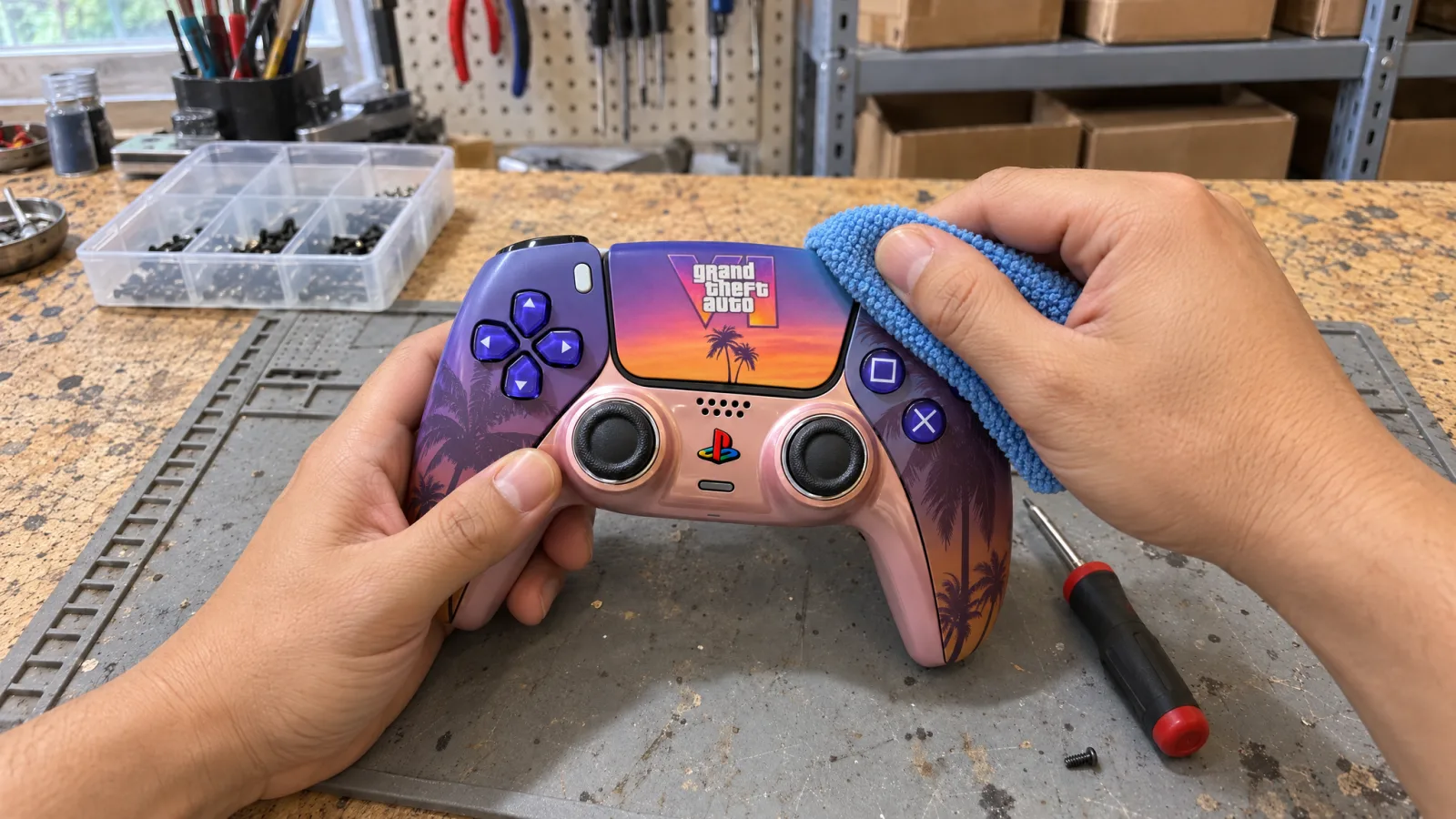 Wiping the finished controller with a cloth
