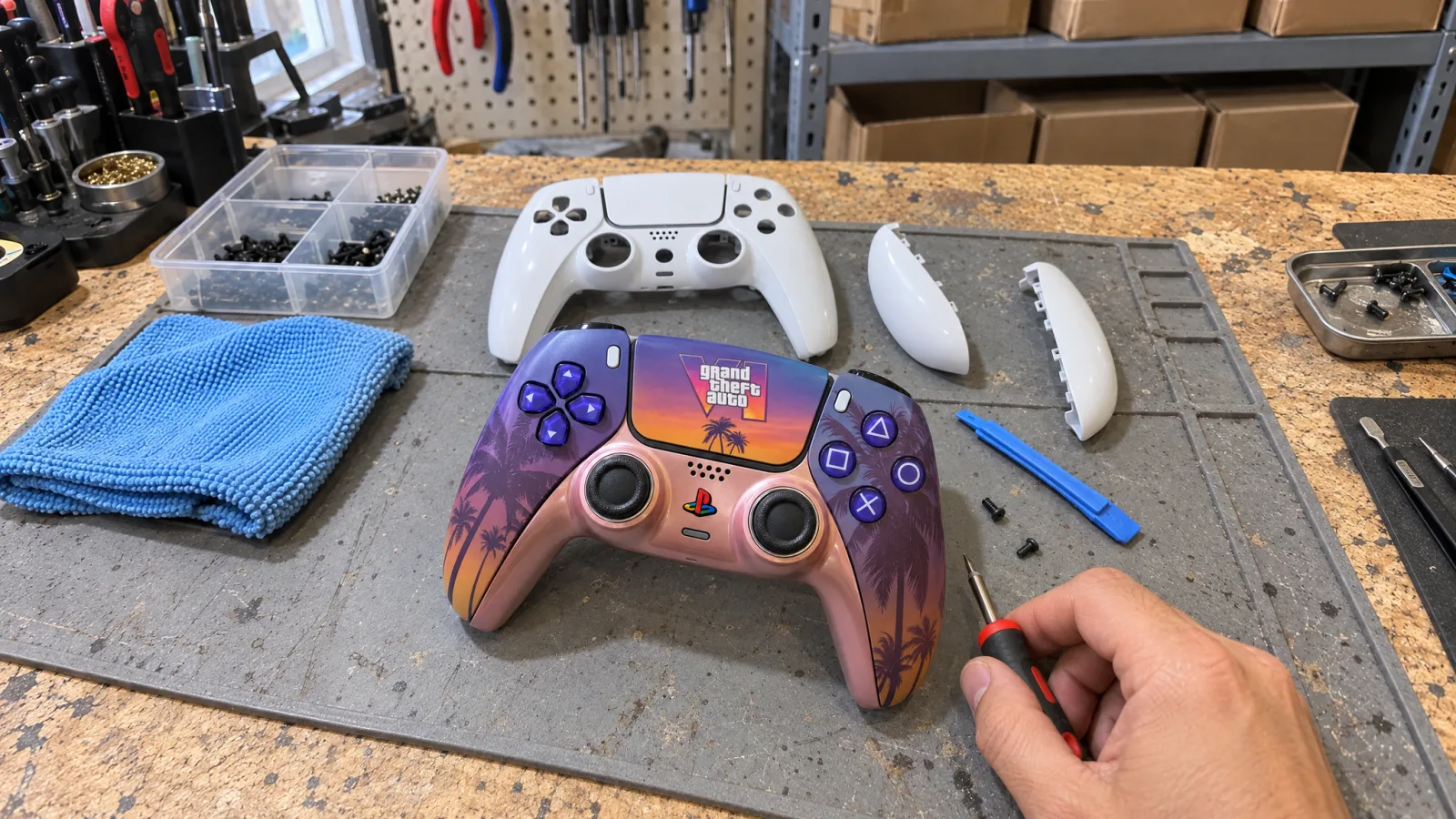 The new shell next to the removed white shell, with tools